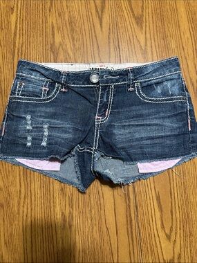 Zanadi Dark Blue Denim Cutoff Shorts with Pink Trim